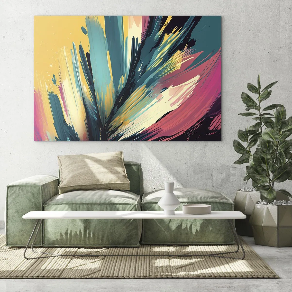 Glasbild - Bild auf glas - Dynamische Pinselstriche in leuchtenden Farben - 70x50cm - Komposition – eine Explosion der Freude - Moderne Wanddekoration für Wohnzimmer und Schlafzimmer ARTTOR