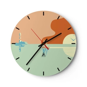 Wanduhr - Glasuhr - Eine minimalistische Meereslandschaft mit einem Leuchtturm und einem Segelboot - 30x30cm - Die perfekte Meereslandschaft - Moderne Wanddekoration für Wohnzimmer, Küche und Schlafzimmer ARTTOR