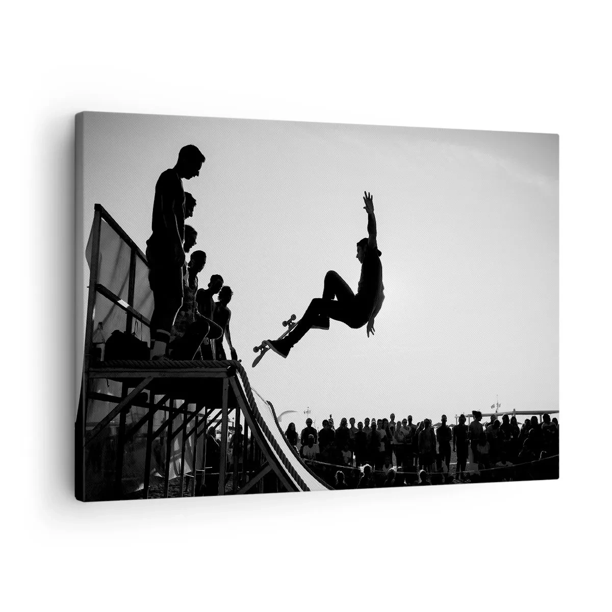 Bild auf Leinwand - Leinwandbild - Schwarz-weiße Skateboardszene auf einer Rampe - 70x50cm - Helden und Zuschauer - Moderne Wanddekoration für Wohnzimmer und Schlafzimmer ARTTOR