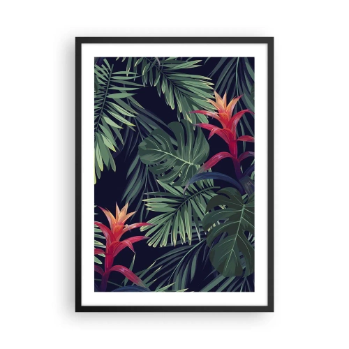 Poster in einem schwarzem Rahmen - Tropische Blätter und Blüten auf dunklem Hintergrund - 50x70cm - Im Grünen in Flammen gehen - Moderne Wanddekoration für Wohnzimmer und Schlafzimmer ARTTOR
