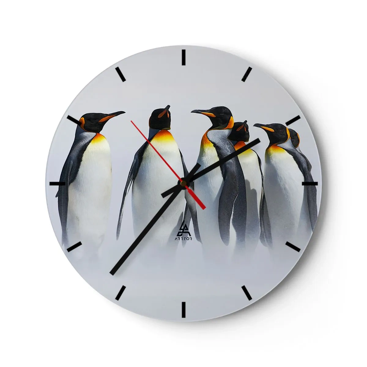 Wanduhr - Glasuhr - Eine Gruppe Pinguine gegen den Nebel - 30x30cm - Treffen in Abendkleidern - Moderne Wanddekoration für Wohnzimmer, Küche und Schlafzimmer ARTTOR