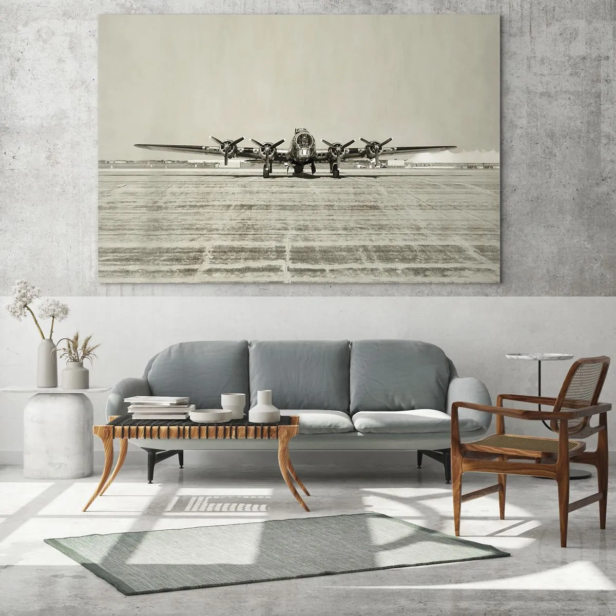 Glasbild - Bild auf glas - Historisches Flugzeug auf dem Flughafen im Sepia-Stil - 70x50cm - Wie immer bereit - Moderne Wanddekoration für Wohnzimmer und Schlafzimmer ARTTOR