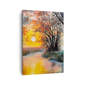 Bild auf Leinwand - Leinwandbild - Sonnenuntergang über dem Fluss in einer Herbstlandschaft - 50x70cm - Herbststimmung - Moderne Wanddekoration für Wohnzimmer und Schlafzimmer ARTTOR
