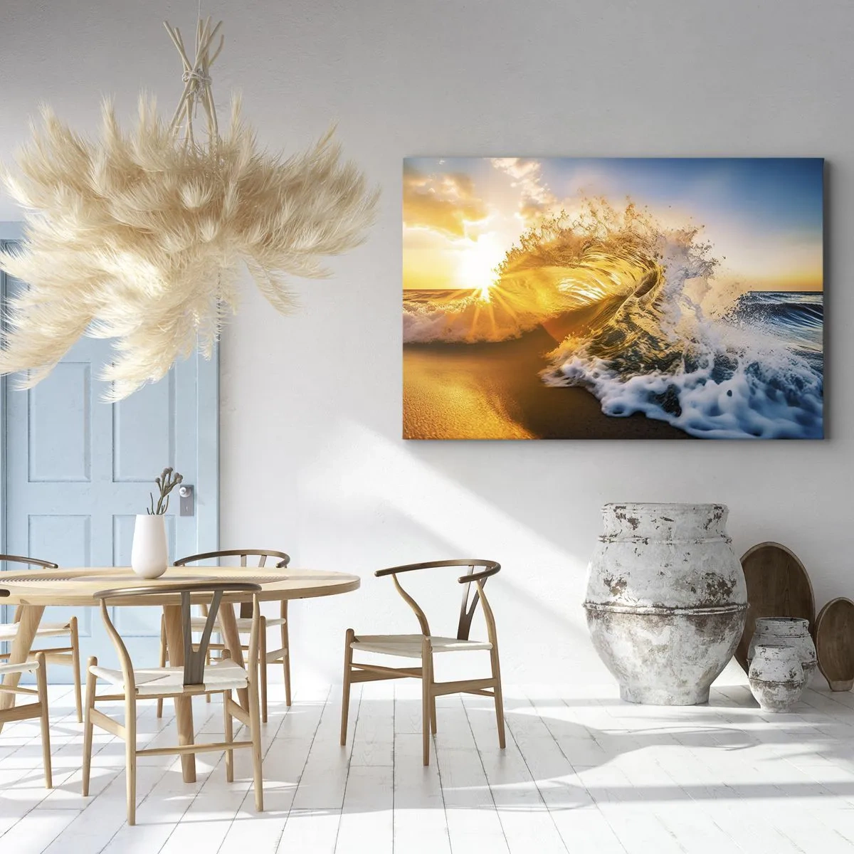 Bild auf Leinwand - Leinwandbild - Eine goldene Welle vor dem Hintergrund der untergehenden Sonne - 70x50cm - Spaß im Sand - Moderne Wanddekoration für Wohnzimmer und Schlafzimmer ARTTOR