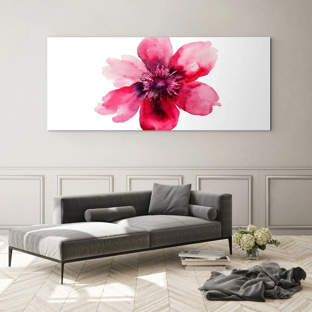 Glasbild - Bild auf glas - Rosa Blume im Aquarellstil auf weißem Hintergrund - 160x50cm - Ein nach Karmin duftender Kuss - Moderne Wanddekoration für Wohnzimmer und Schlafzimmer ARTTOR