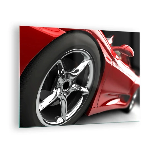 Glasbild - Bild auf glas - Detail eines roten Sportwagens mit Chromfelge - 70x50cm - Für Schnelligkeit gebaut - Moderne Wanddekoration für Wohnzimmer und Schlafzimmer ARTTOR