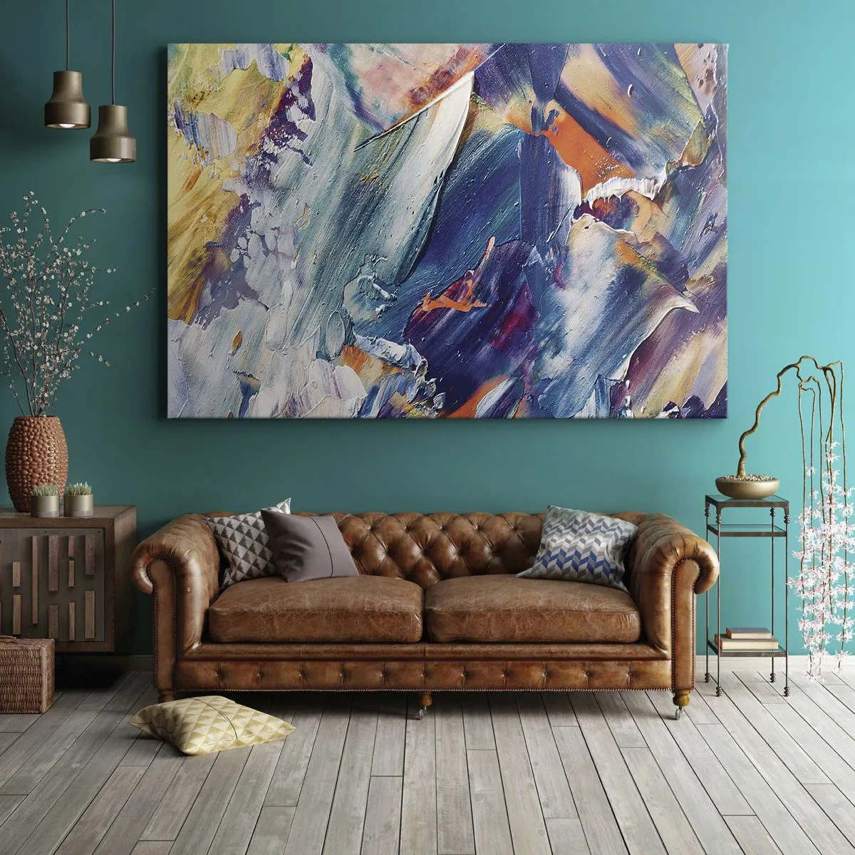 Bild auf Leinwand - Leinwandbild - Bunte Abstraktion mit Acrylfarbe Textur - 70x50cm - Farbverwirrung - Moderne Wanddekoration für Wohnzimmer und Schlafzimmer ARTTOR
