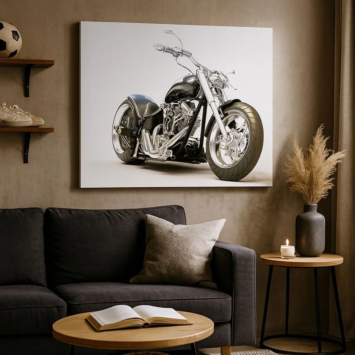 Bild auf Leinwand - Leinwandbild - Stilvolles schwarzes Motorrad auf weißem Hintergrund - 70x50cm - Stärke mit Charakter - Moderne Wanddekoration für Wohnzimmer und Schlafzimmer ARTTOR