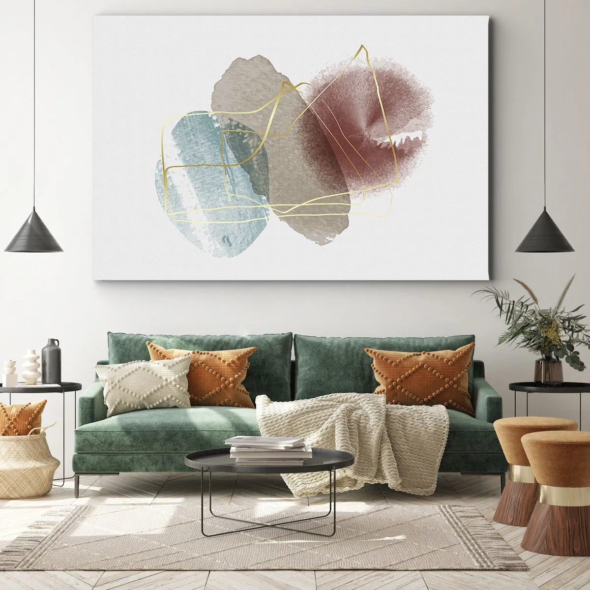 Bild auf Leinwand - Leinwandbild - Abstrakte Formen mit zarten Farben und goldenen Linien - 70x50cm - Korallen des Weltraums - Moderne Wanddekoration für Wohnzimmer und Schlafzimmer ARTTOR