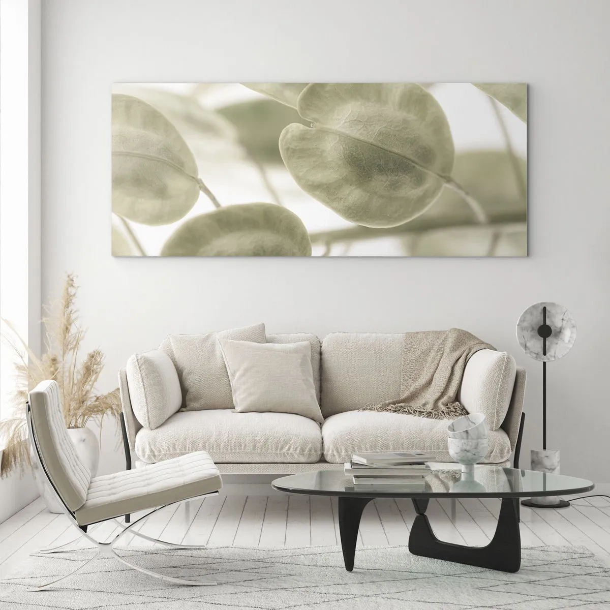 Glasbild - Bild auf glas - Ein zartes Gemälde von Blättern in pastellfarbenen Grüntönen auf hellem Hintergrund. - 140x50cm - Am Anfang waren Blätter... - Moderne Wanddekoration für Wohnzimmer und Schlafzimmer ARTTOR