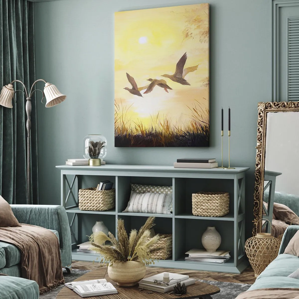 Bild auf Leinwand - Leinwandbild - Enten fliegen bei Sonnenaufgang über den See - 70x100cm - Der Beginn einer langen Reise - Moderne Wanddekoration für Wohnzimmer und Schlafzimmer ARTTOR
