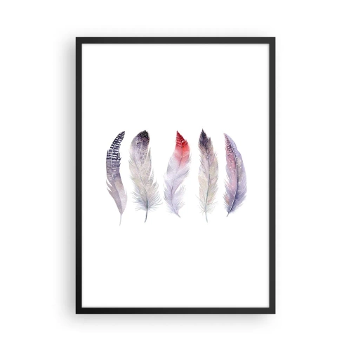 Poster in einem schwarzem Rahmen - Bunte Federn auf weißem Hintergrund in einem zarten Stil - 50x70cm - Zart wie mehrfarbiger Nebel - Moderne Wanddekoration für Wohnzimmer und Schlafzimmer ARTTOR