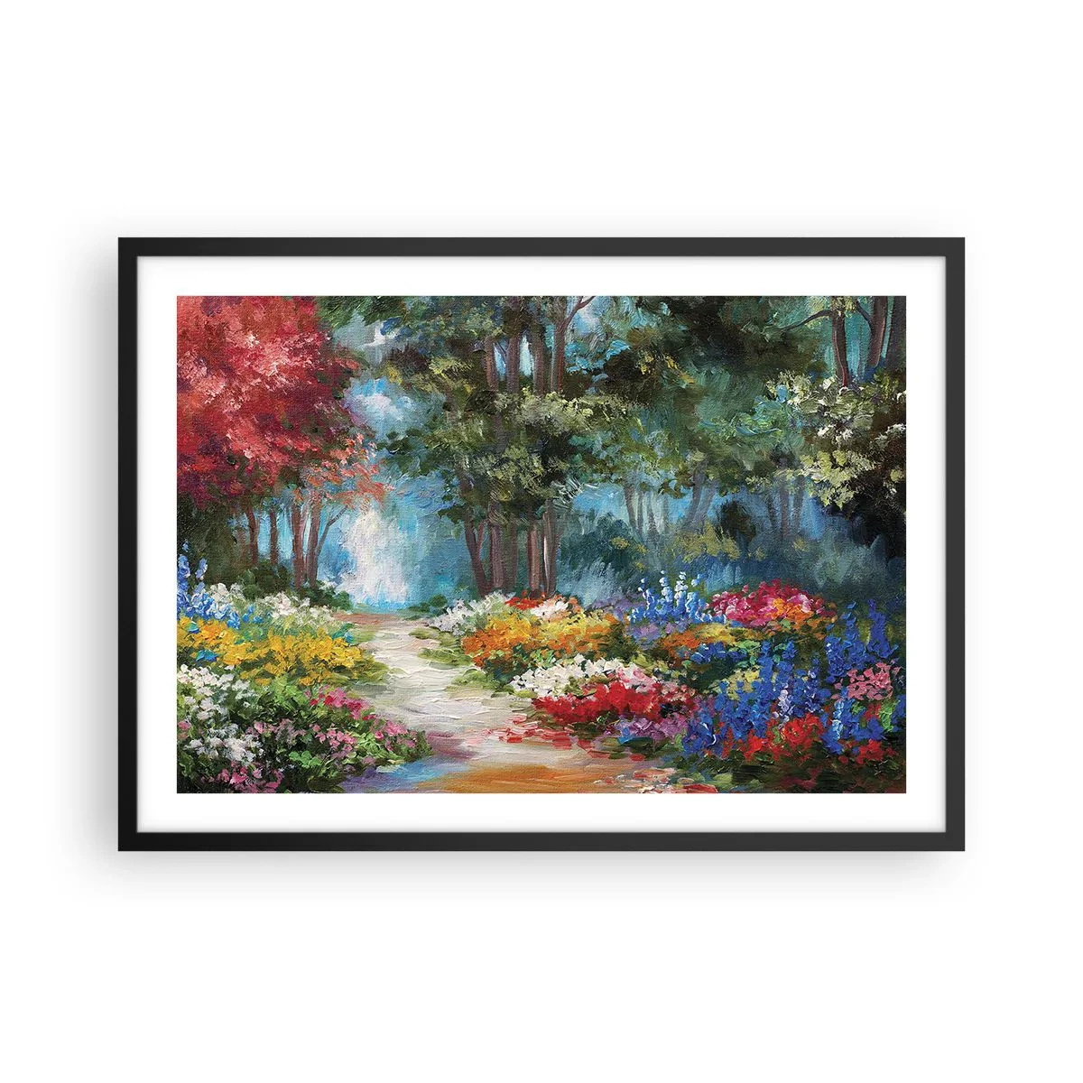 Poster in einem schwarzem Rahmen - Ein malerischer Garten voller bunter Blumen und Bäume in einer Waldumgebung - 70x50cm - Waldgarten, Blumenwald - Moderne Wanddekoration für Wohnzimmer und Schlafzimmer ARTTOR