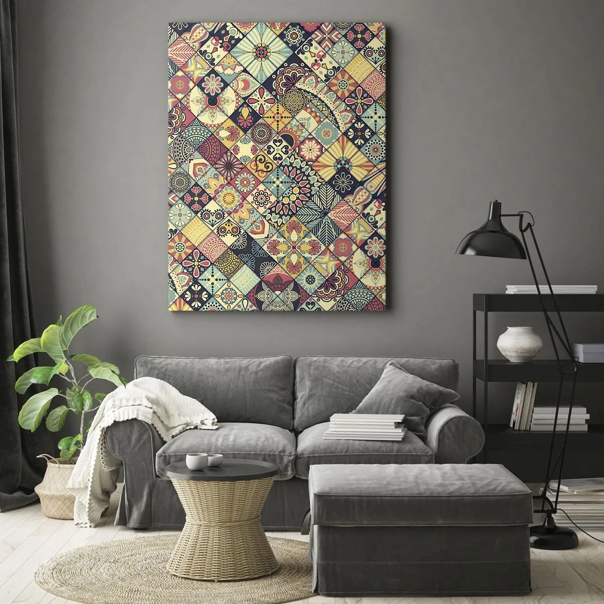 Bild auf Leinwand - Leinwandbild - Bunte geometrische Muster, inspiriert vom marokkanischen Stil - 80x120cm - marokkanische Atmosphäre - Moderne Wanddekoration für Wohnzimmer und Schlafzimmer ARTTOR