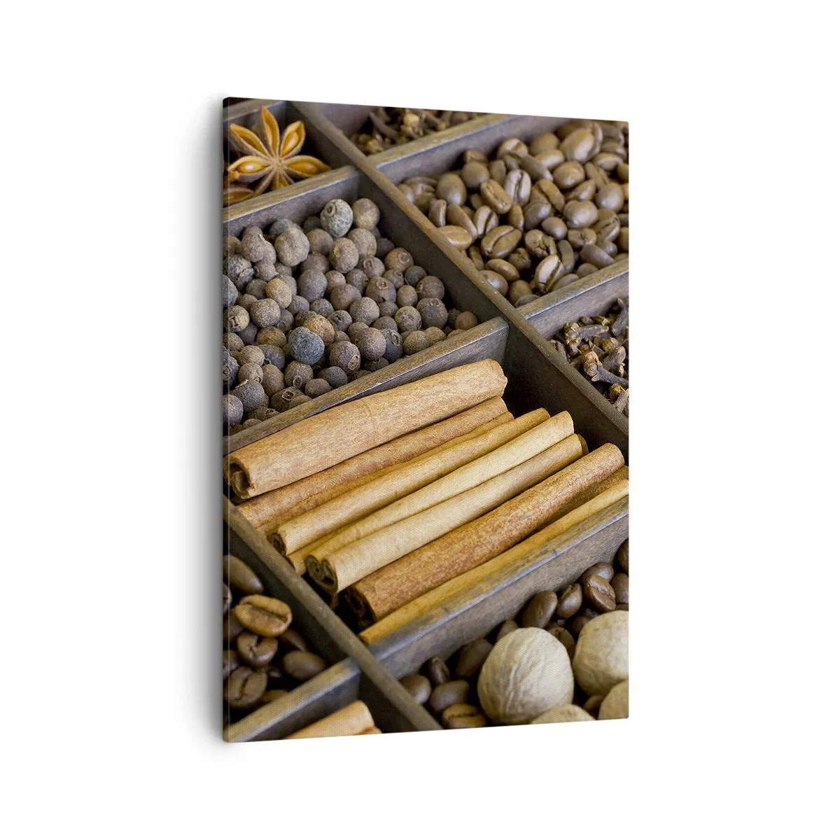 Bild auf Leinwand - Leinwandbild - Gewürze und Kaffee in Holzfächern - 50x70cm - Eine Fundgrube an Aromen - Moderne Wanddekoration für Wohnzimmer und Schlafzimmer ARTTOR