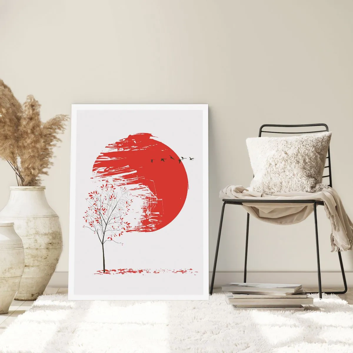 Poster - Roter Kreis mit Baum und Vögeln im minimalistischen Stil - 50x70cm - Kennst du dieses Land? - Moderne Wanddekoration für Wohnzimmer und Schlafzimmer ARTTOR