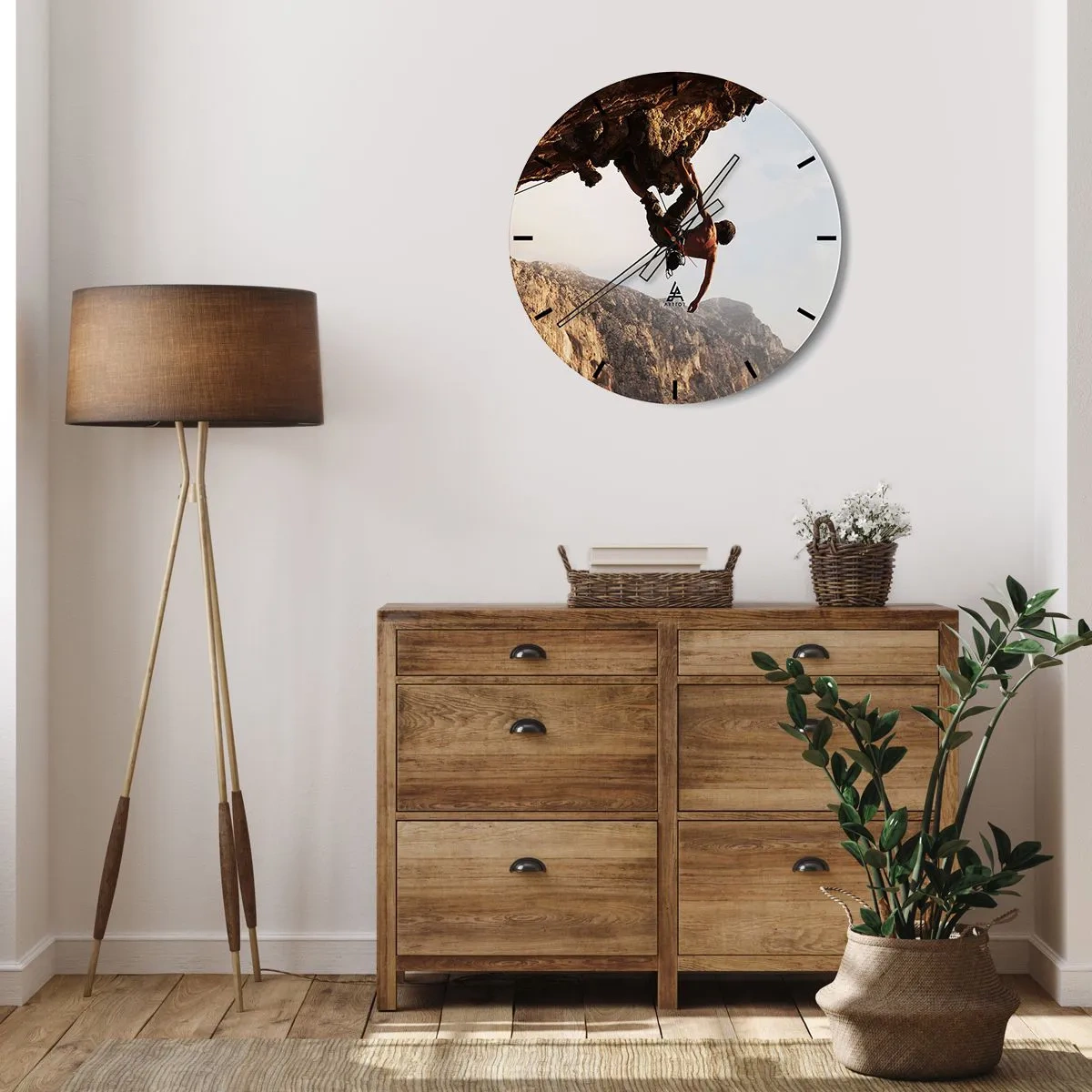 Wanduhr - Glasuhr - Die Welt ist in einer Hand auf einem Felsblock geschrumpft - 40x40 cm