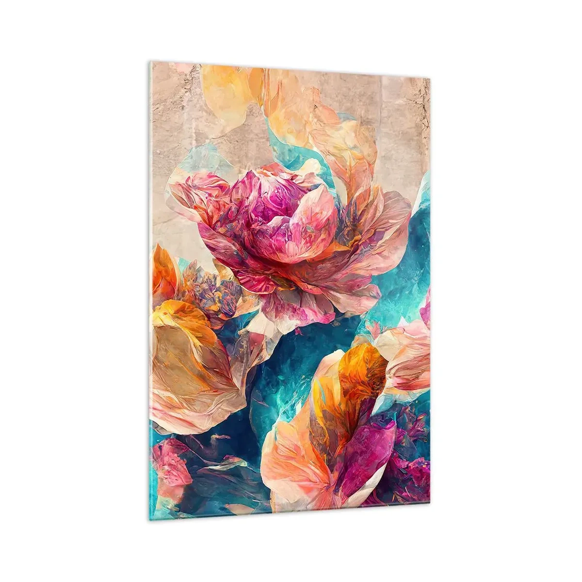 Glasbild - Bild auf glas - Bunte Blumen auf beigem Hintergrund - 70x100cm - Farbenpracht des Straußes - Moderne Wanddekoration für Wohnzimmer und Schlafzimmer ARTTOR