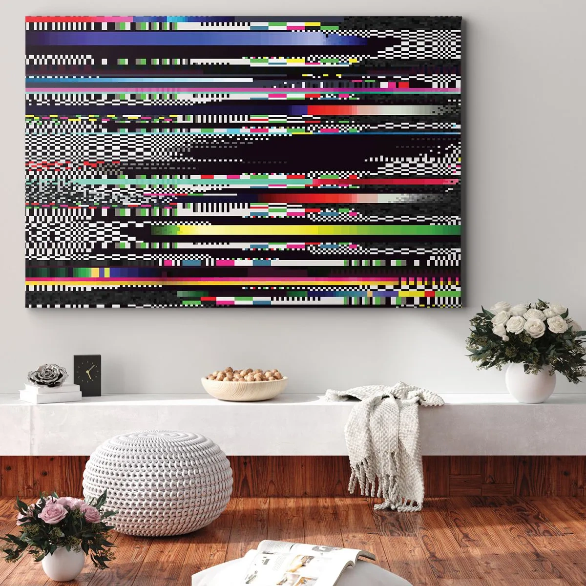 Bild auf Leinwand - Leinwandbild - Bunte Linien und Pixel im abstrakten Stil - 100x70cm - Das Kontrollbild der Realität - Moderne Wanddekoration für Wohnzimmer und Schlafzimmer ARTTOR