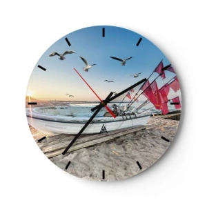 Wanduhr - Glasuhr - Fischerboot am Strand bei Sonnenuntergang mit fliegenden Möwen - 30x30cm - Wohlverdiente Ruhe - Moderne Wanddekoration für Wohnzimmer, Küche und Schlafzimmer ARTTOR