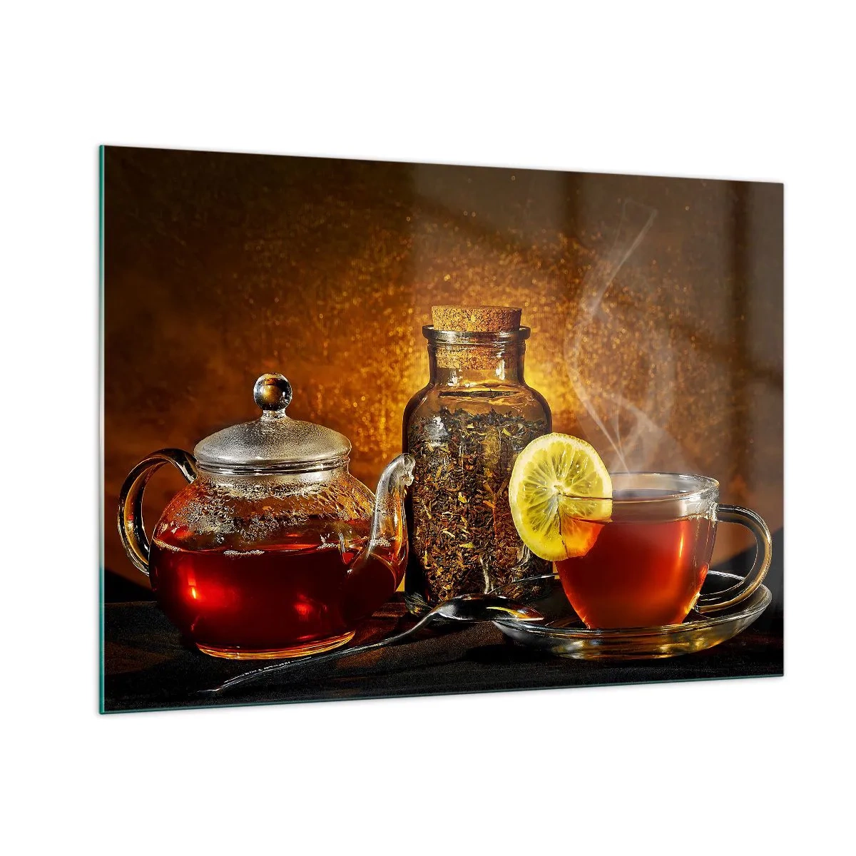 Glasbild - Bild auf glas - Eine Teekanne aus Glas und eine Tasse Tee mit Zitrone - 100x70cm - Im Stil der niederländischen Meister - Moderne Wanddekoration für Wohnzimmer und Schlafzimmer ARTTOR