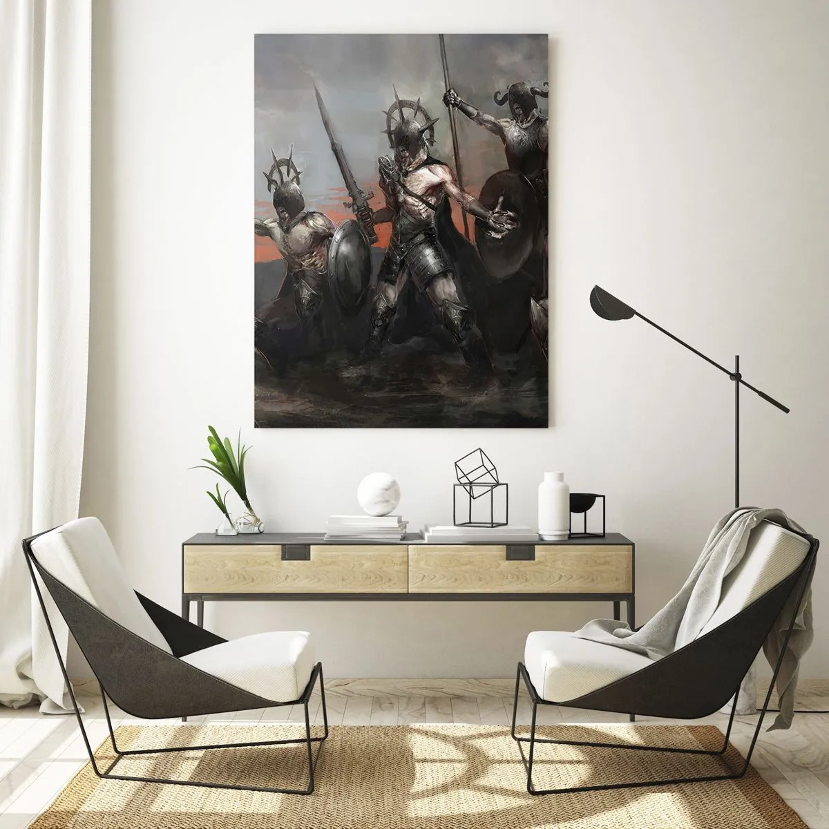 Glasbild - Bild auf glas - Krieger mit Speeren und Schilden vor dem roten Himmel - 50x70cm - Mit oder auf einem Schild - Moderne Wanddekoration für Wohnzimmer und Schlafzimmer ARTTOR