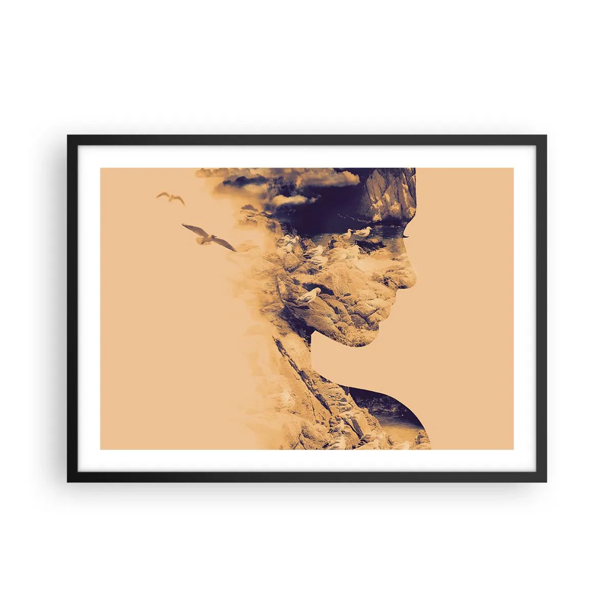 Poster in einem schwarzem Rahmen - Profil einer Frau mit der Natur im Hintergrund in warmen Tönen - 70x50cm - Von Natur aus schön - Moderne Wanddekoration für Wohnzimmer und Schlafzimmer ARTTOR