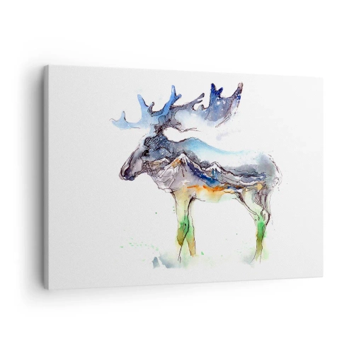 Bild auf Leinwand - Leinwandbild - Aquarell-Silhouette eines Elches mit Berglandschaft - 70x50cm - Der Held eines Wintermärchens - Moderne Wanddekoration für Wohnzimmer und Schlafzimmer ARTTOR