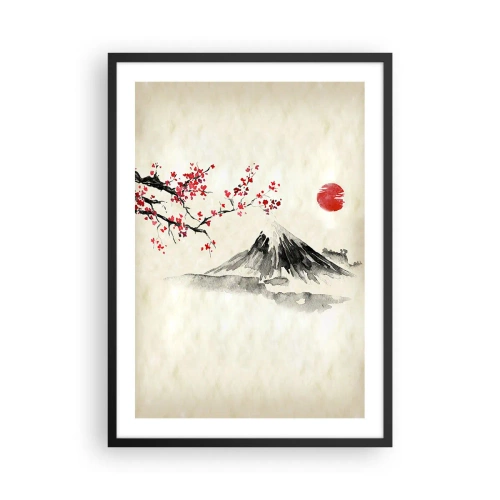 Poster in einem schwarzem Rahmen - Ein Berg mit einem blühenden Kirschzweig und einer roten Sonne - 50x70cm - Liebe Japan - Moderne Wanddekoration für Wohnzimmer und Schlafzimmer ARTTOR