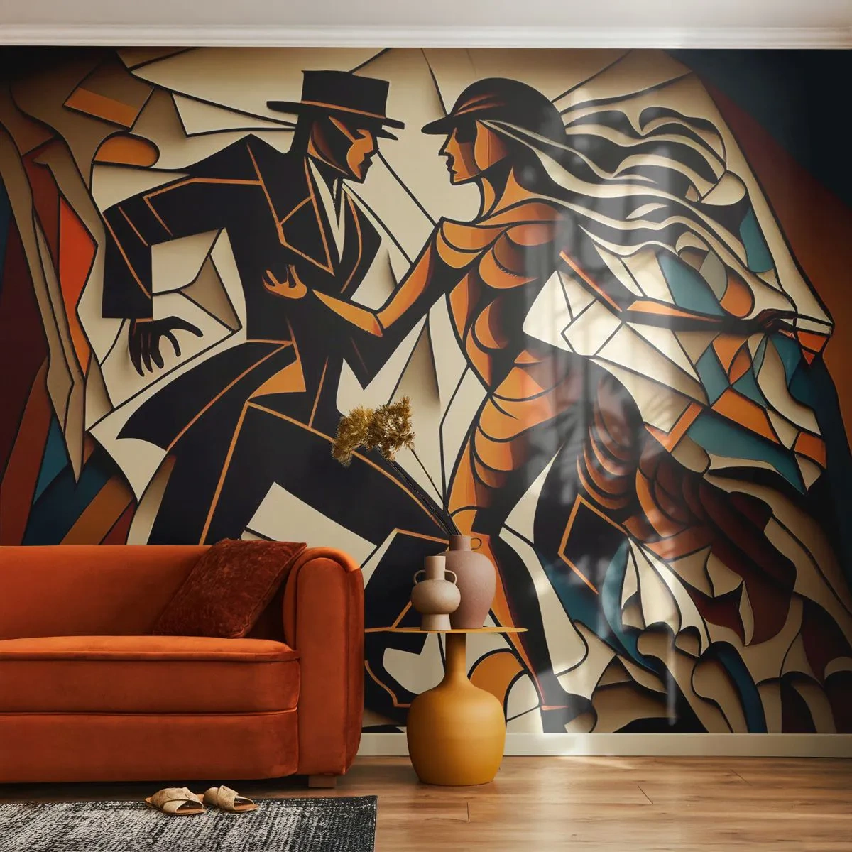 Fototapete Premium Sand - Ein stilisiertes Paar tanzt in einer dynamischen Komposition - 100x70cm - Tanz der Passion und Leidenschaft - Moderne Wanddekoration für Wohnzimmer und Schlafzimmer ARTTOR