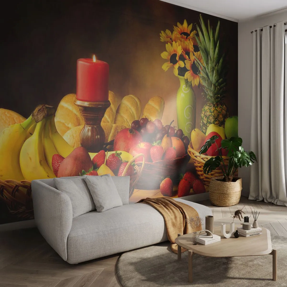 Fototapete Premium Sand - Stillleben mit Früchten, Brot und einer Kerze - 100x70cm - Stillleben mit Brot und Obst - Moderne Wanddekoration für Wohnzimmer und Schlafzimmer ARTTOR
