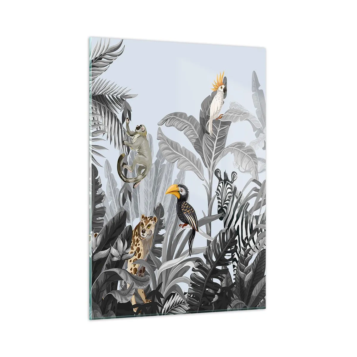 Glasbild - Bild auf glas - Exotische Tiere in einem schwarz-weißen Dschungel auf hellem Hintergrund - 50x70cm - Afrikanisches Märchen - Moderne Wanddekoration für Wohnzimmer und Schlafzimmer ARTTOR