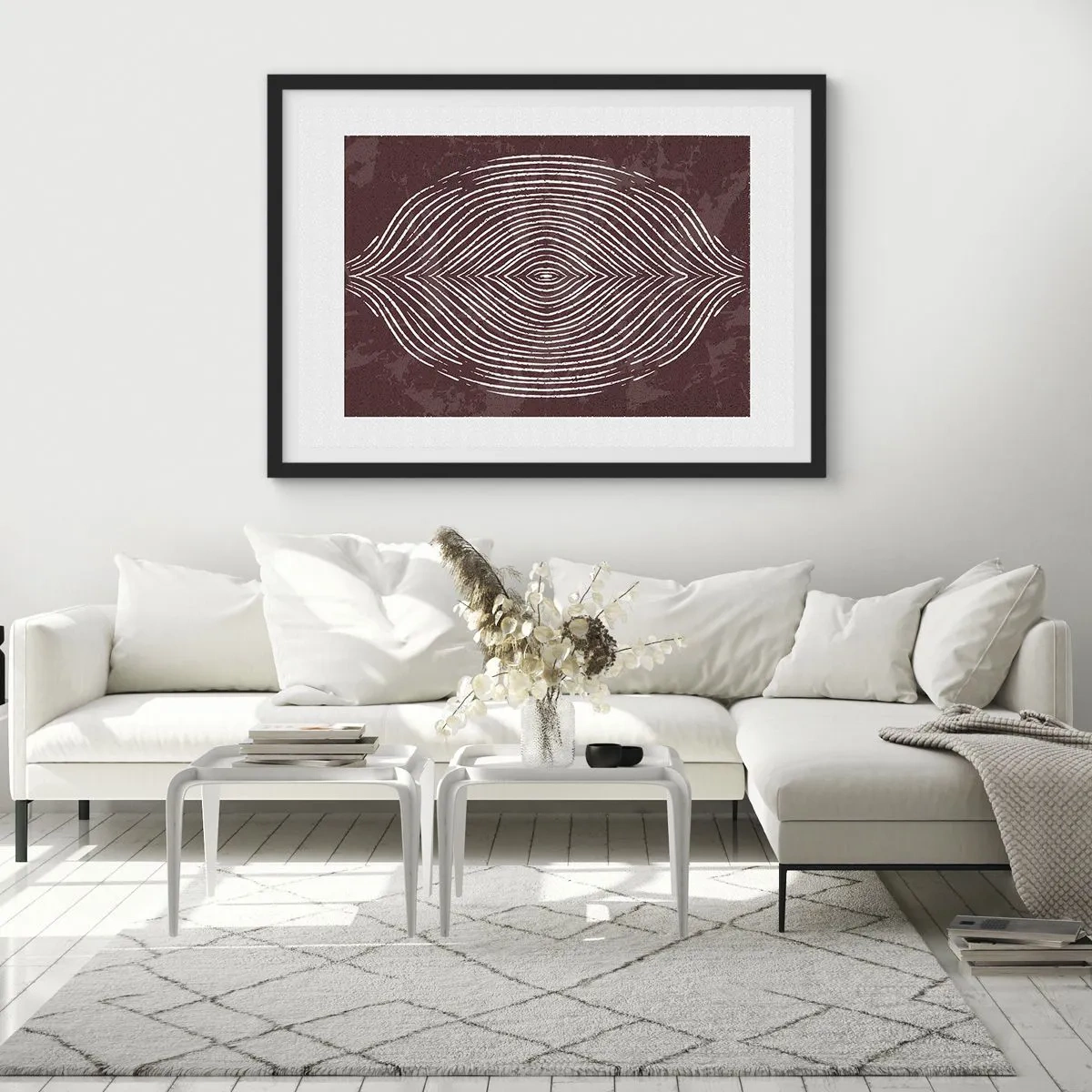 Poster in einem schwarzem Rahmen - Symmetrische Wellen in weißen Linien auf braunem Hintergrund - 100x70cm - Der Raum spricht - Moderne Wanddekoration für Wohnzimmer und Schlafzimmer ARTTOR