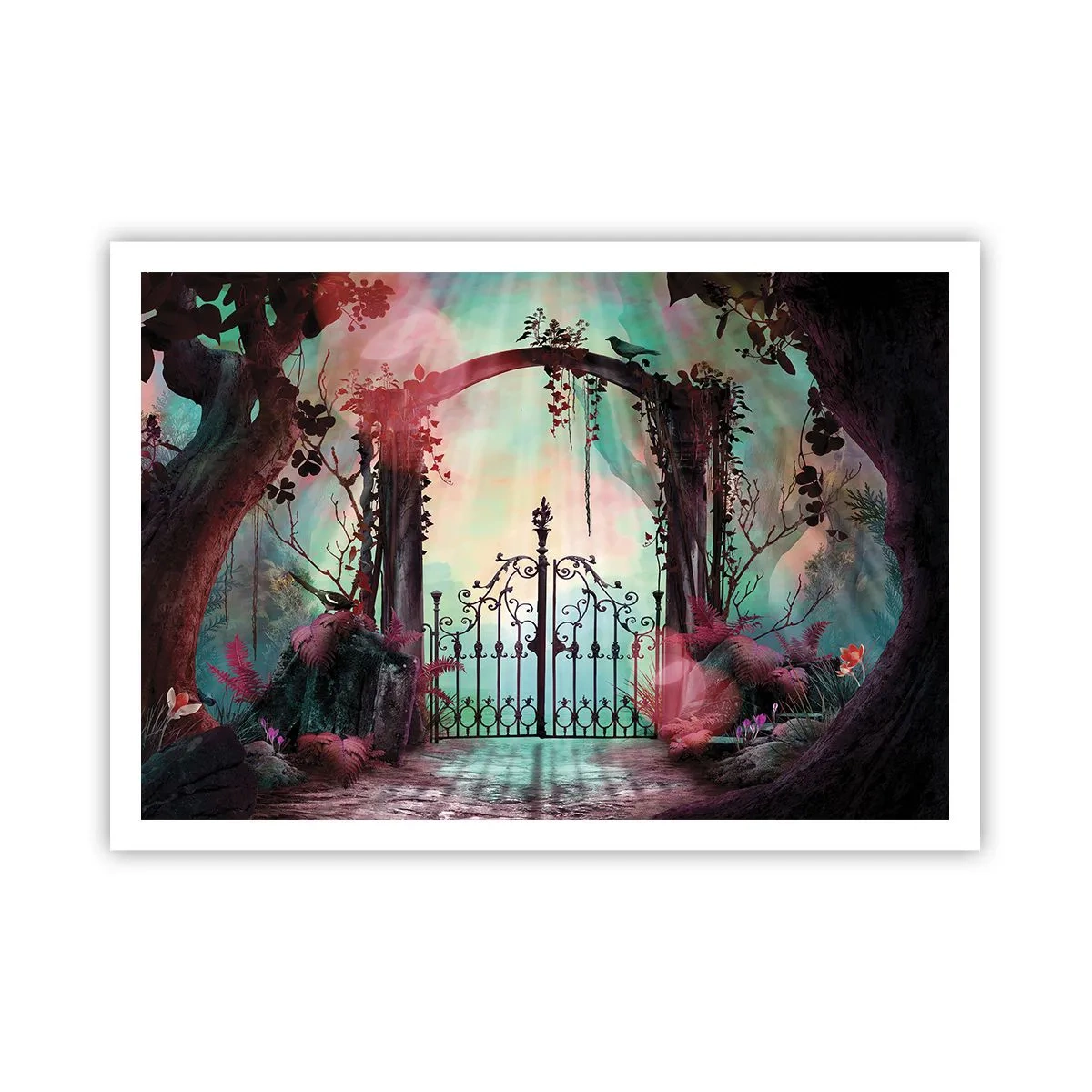 Poster - Ein magischer Eingang mit einem schmiedeeisernen Tor, umgeben von geheimnisvoller Vegetation - 100x70cm - Geheimer Garten - Moderne Wanddekoration für Wohnzimmer und Schlafzimmer ARTTOR