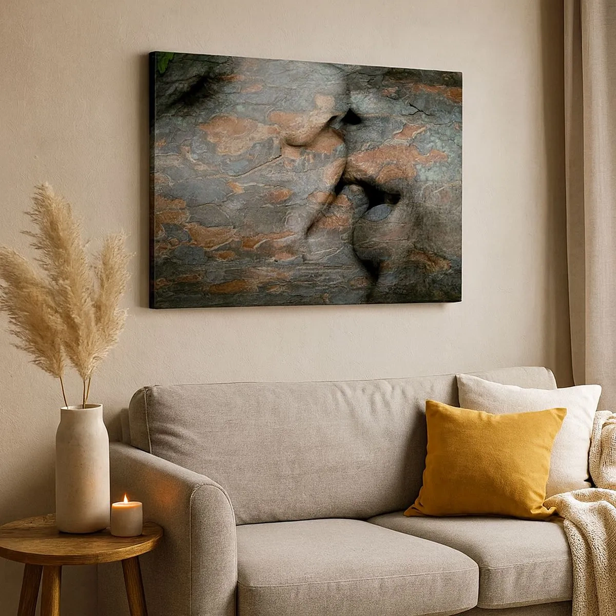 Bild auf Leinwand - Leinwandbild - Ein künstlerisches Motiv eines in Fels gehauenen Gesichts mit natürlichem Textureffekt. - 70x50cm - Für immer zusammen - Moderne Wanddekoration für Wohnzimmer und Schlafzimmer ARTTOR