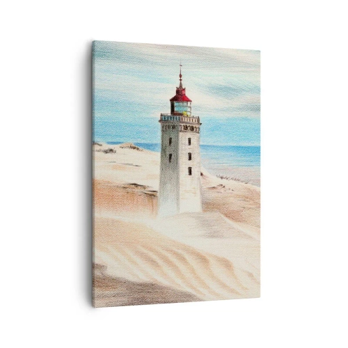Bild auf Leinwand - Leinwandbild - Ein Leuchtturm, umgeben von Sanddünen und blauem Himmel - 50x70cm - Immer aufs Meer starrend - Moderne Wanddekoration für Wohnzimmer und Schlafzimmer ARTTOR