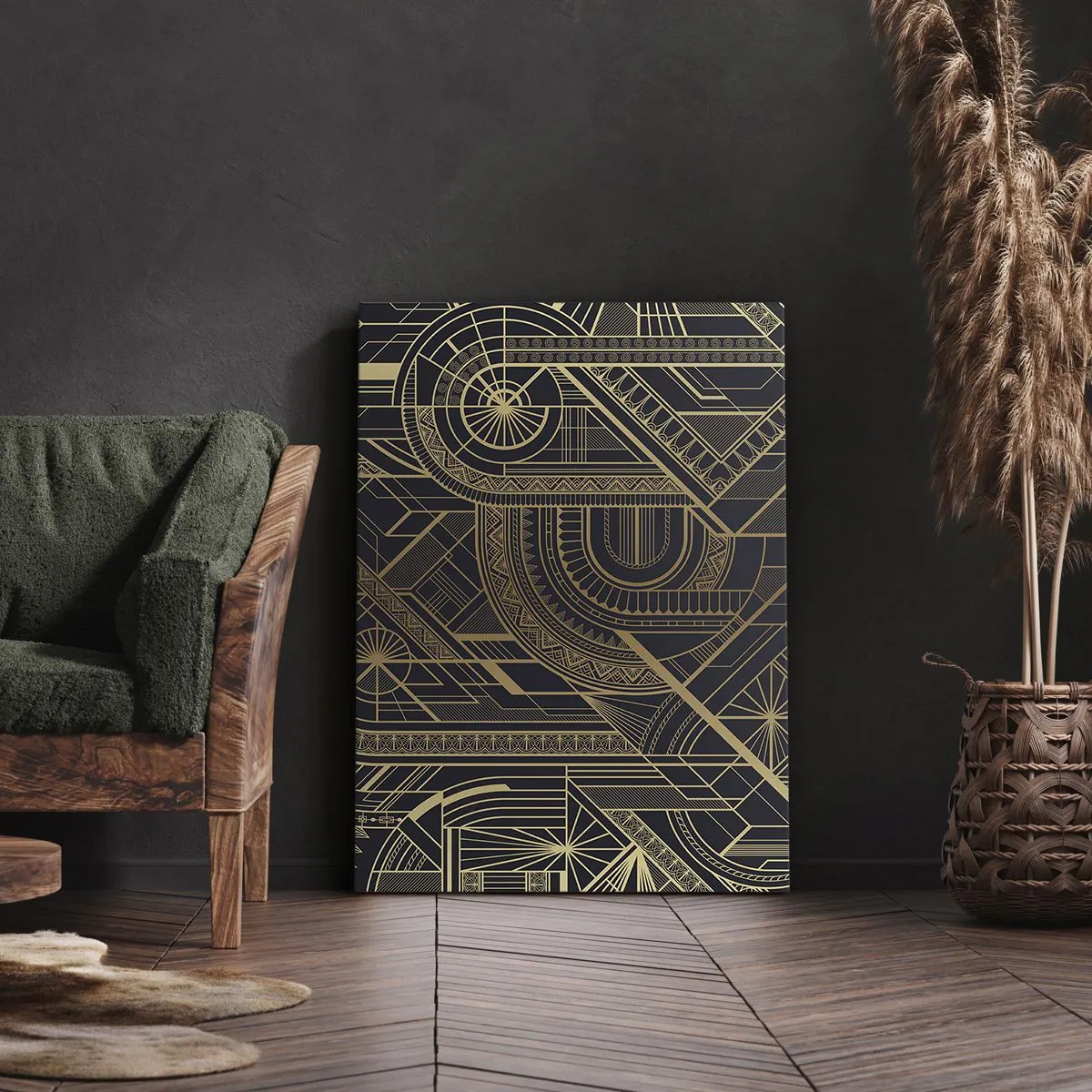 Bild auf Leinwand - Leinwandbild - Goldene geometrische Muster auf schwarzem Hintergrund im Art-Deco-Stil - 50x70cm - Konzepte, Ideen, Pläne - Moderne Wanddekoration für Wohnzimmer und Schlafzimmer ARTTOR