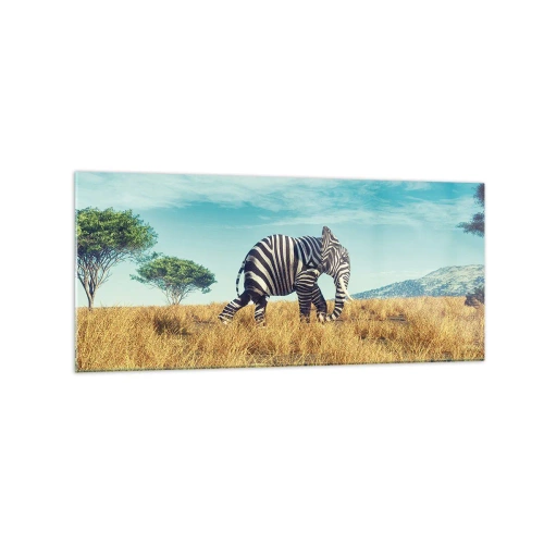 Glasbild - Bild auf glas - Zebra in einer afrikanischen Landschaft - 120x50cm - Grau ist nicht mehr in Mode - Moderne Wanddekoration für Wohnzimmer und Schlafzimmer ARTTOR