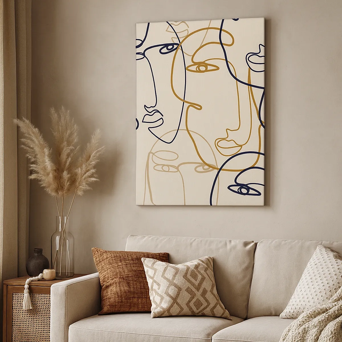 Bild auf Leinwand - Leinwandbild - Minimalistische Strichzeichnungen von Gesichtern auf hellem Hintergrund - 50x70cm - Das Porträt wird multipliziert - Moderne Wanddekoration für Wohnzimmer und Schlafzimmer ARTTOR