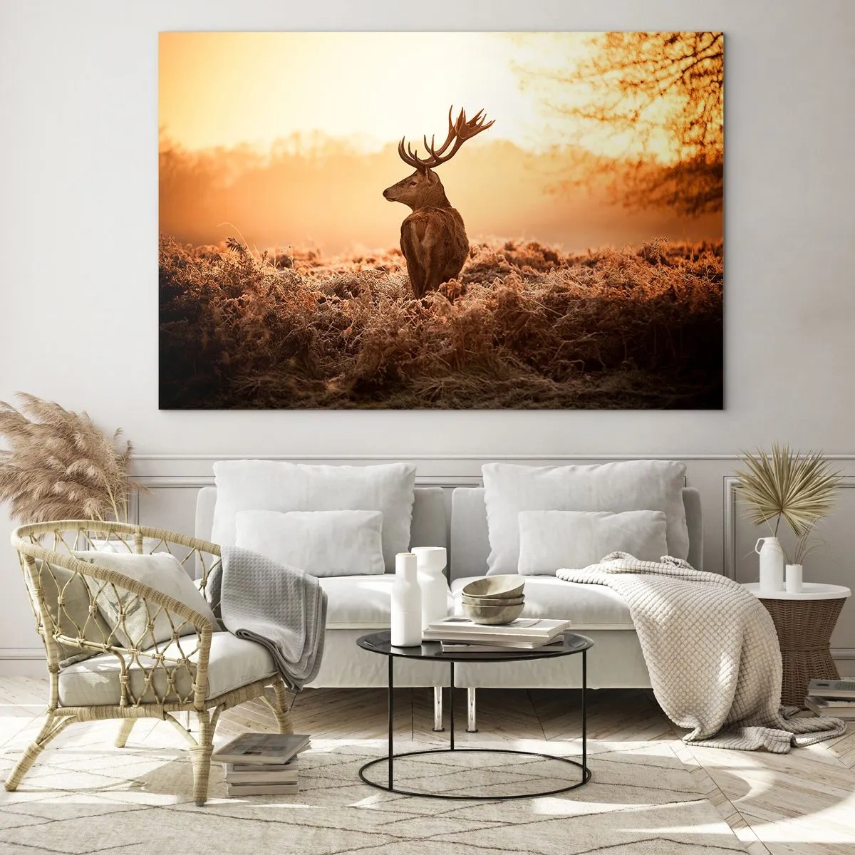 Glasbild - Bild auf glas - Hirsch vor dem Hintergrund eines Sonnenaufgangs in einer natürlichen Landschaft - 120x80cm - Herr im eigenen Land - Moderne Wanddekoration für Wohnzimmer und Schlafzimmer ARTTOR