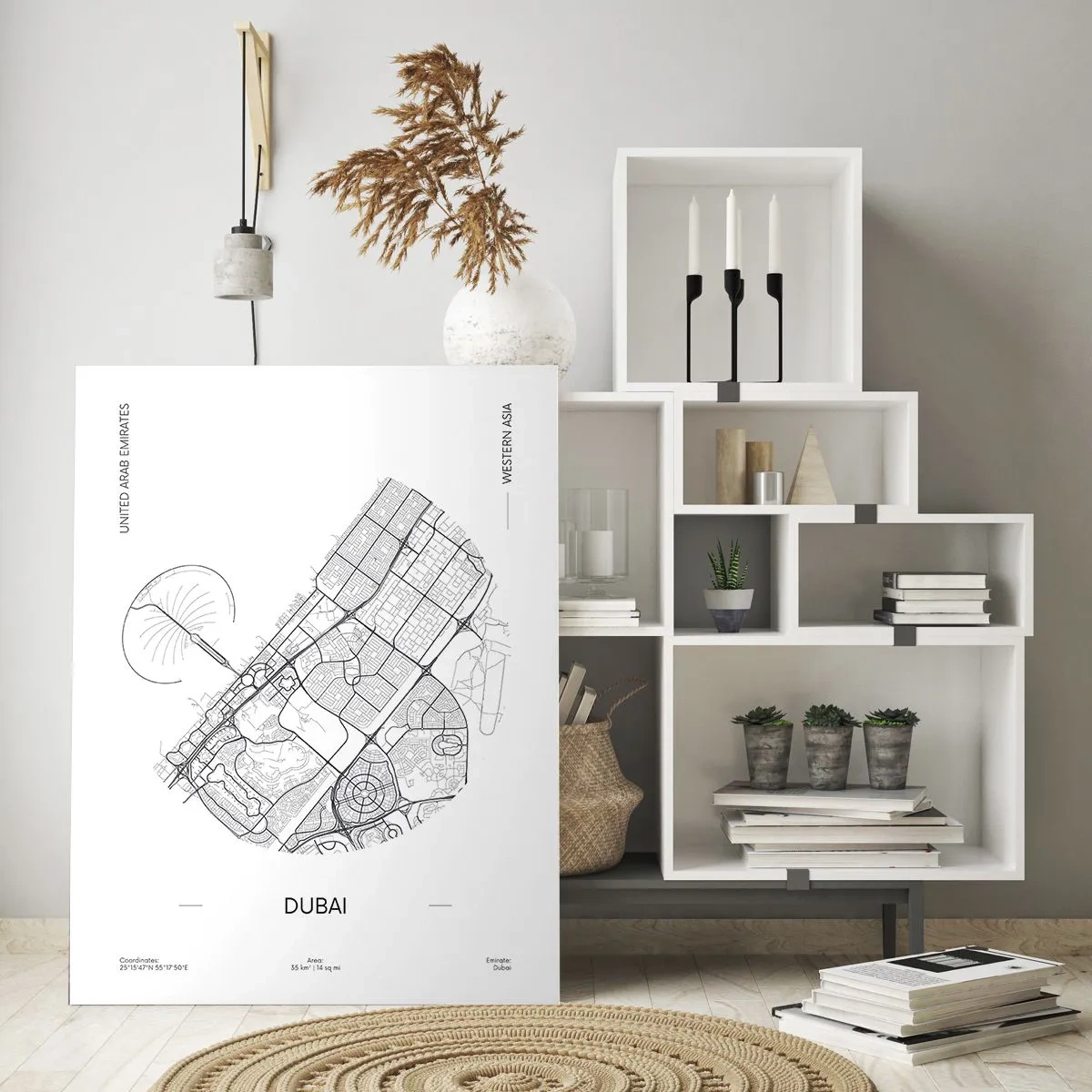 Glasbild - Bild auf glas - Eine minimalistische Schwarzweißkarte von Dubai mit Standortmarkierungen. - 80x120cm - Anatomie von Dubai - Moderne Wanddekoration für Wohnzimmer und Schlafzimmer ARTTOR