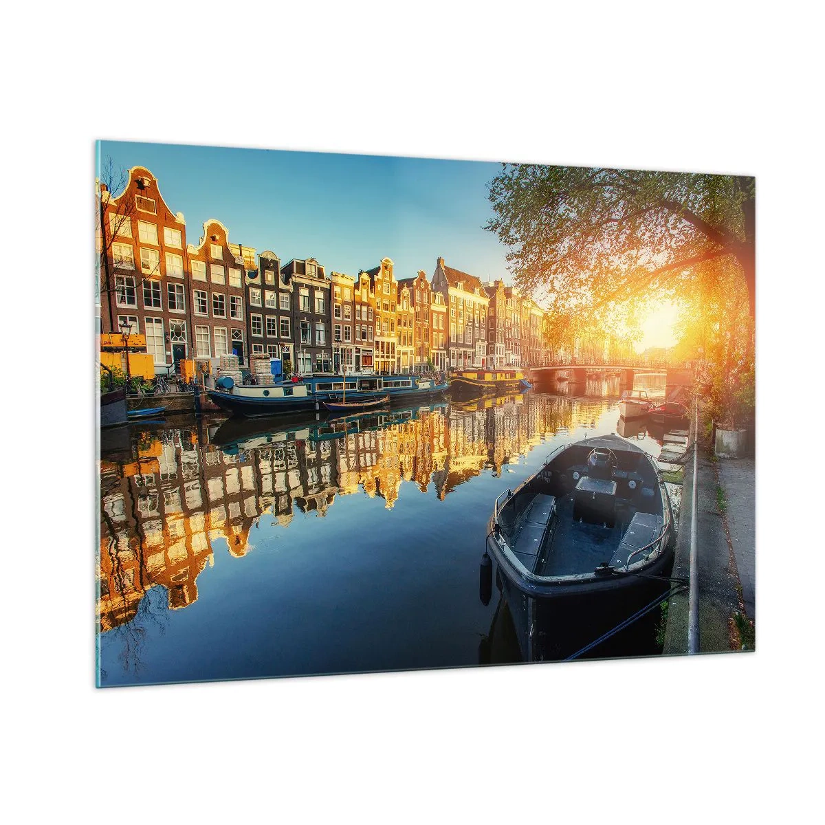Glasbild - Bild auf glas - Amsterdamer Kanal bei Sonnenuntergang - 100x70cm - Morgen in Amsterdam - Moderne Wanddekoration für Wohnzimmer und Schlafzimmer ARTTOR