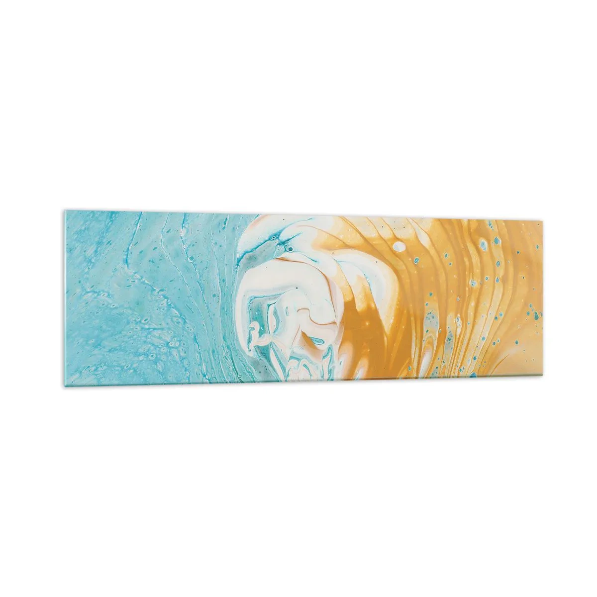 Glasbild - Bild auf glas - Abstrakte Wellen in Blau- und Goldtönen auf Leinwand - 160x50cm - Pastellwirbel - Moderne Wanddekoration für Wohnzimmer und Schlafzimmer ARTTOR