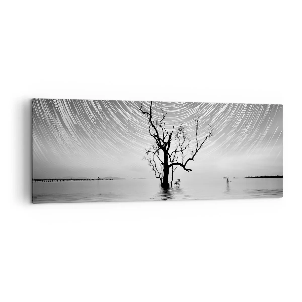 Bild auf Leinwand - Leinwandbild - Ein Baum im Wasser unter einem Nachthimmel mit sich bewegenden Sternen - 140x50cm - Eine Sinfonie der Natur - Moderne Wanddekoration für Wohnzimmer und Schlafzimmer ARTTOR