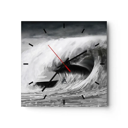 Wanduhr - Glasuhr - Dramatische Meereswelle in Monochrom - 30x30cm - Wut des Ozeans - Moderne Wanddekoration für Wohnzimmer und Schlafzimmer ARTTOR