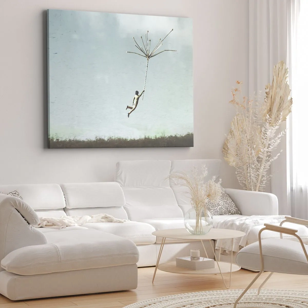 Bild auf Leinwand - Leinwandbild - Eine Figur, die von einem großen Löwenzahnsamen hochgehoben wird - 70x50cm - Drachen, Löwenzahn, Wind - Moderne Wanddekoration für Wohnzimmer und Schlafzimmer ARTTOR