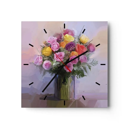 Wanduhr - Glasuhr - Ein Strauß bunter Rosen in einer Glasvase - 30x30cm - Festgehaltene Schönheit - Moderne Wanddekoration für Wohnzimmer und Schlafzimmer ARTTOR