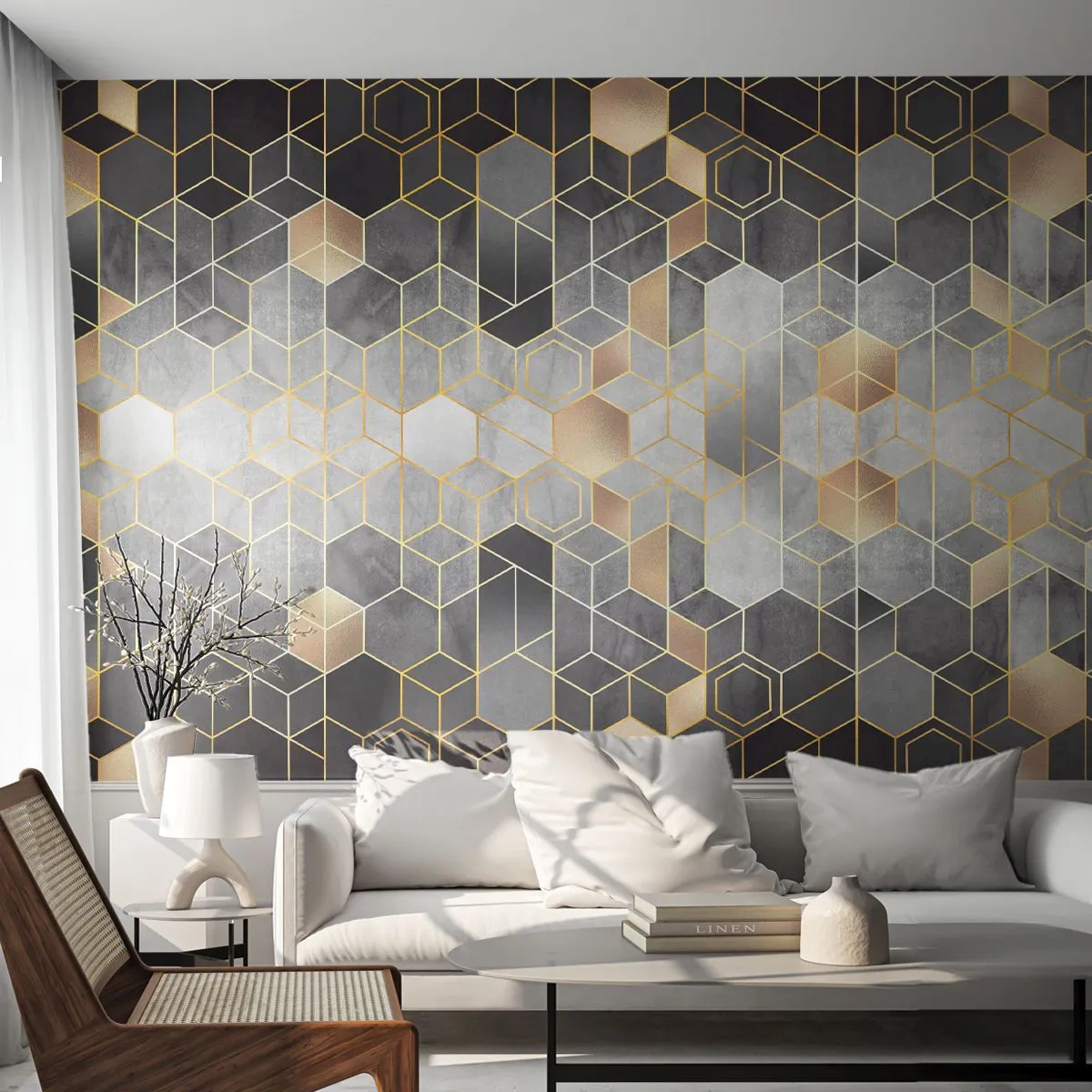 Fototapete Premium Sand - Goldene geometrische Muster auf dunklem Hintergrund - 100x70cm - Diamant-Komposition - Moderne Wanddekoration für Wohnzimmer und Schlafzimmer ARTTOR
