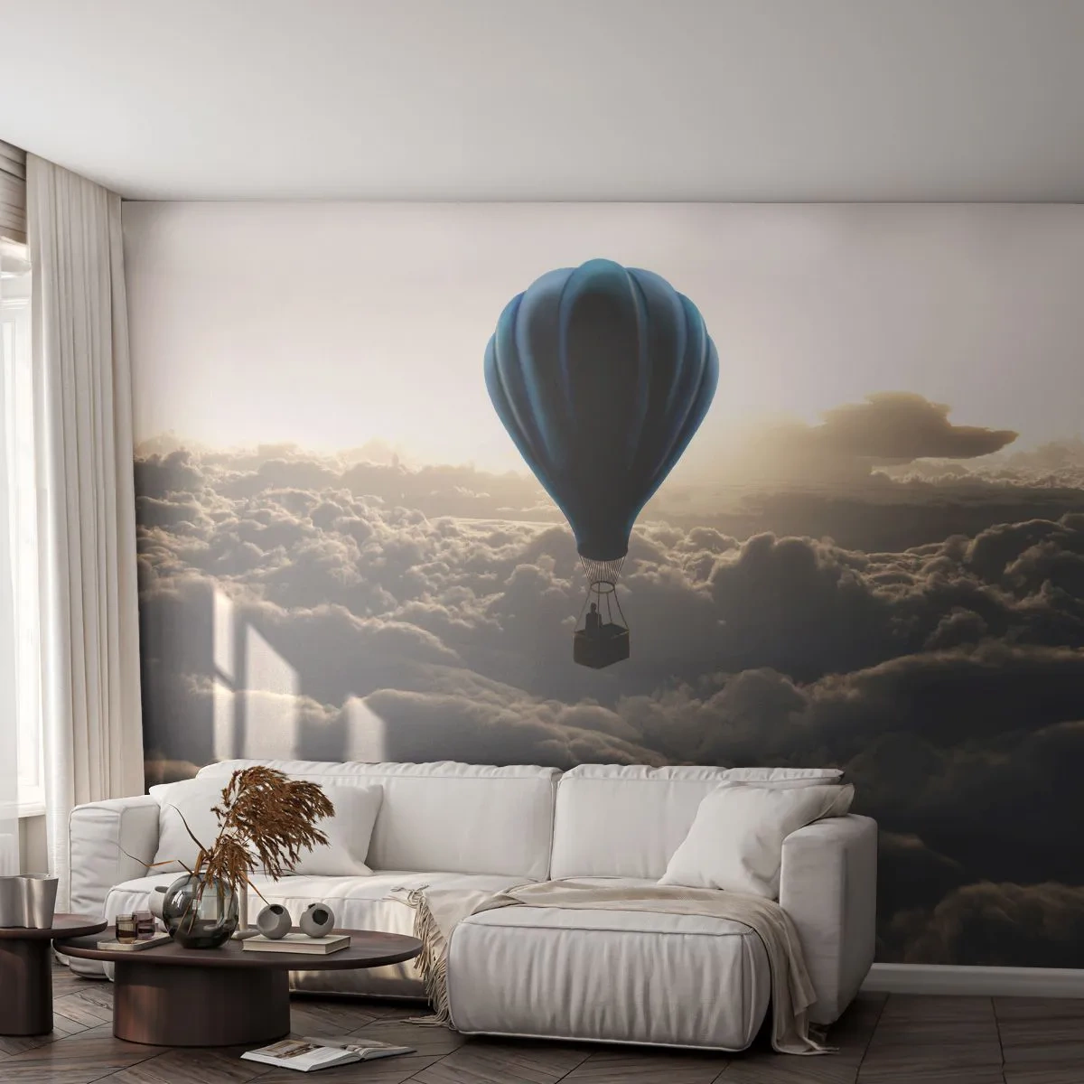 Fototapete Premium Sand - Ein Ballon schwebt bei Sonnenuntergang über den Wolken - 100x70cm - Ein Wanderer über den Wolken - Moderne Wanddekoration für Wohnzimmer und Schlafzimmer ARTTOR
