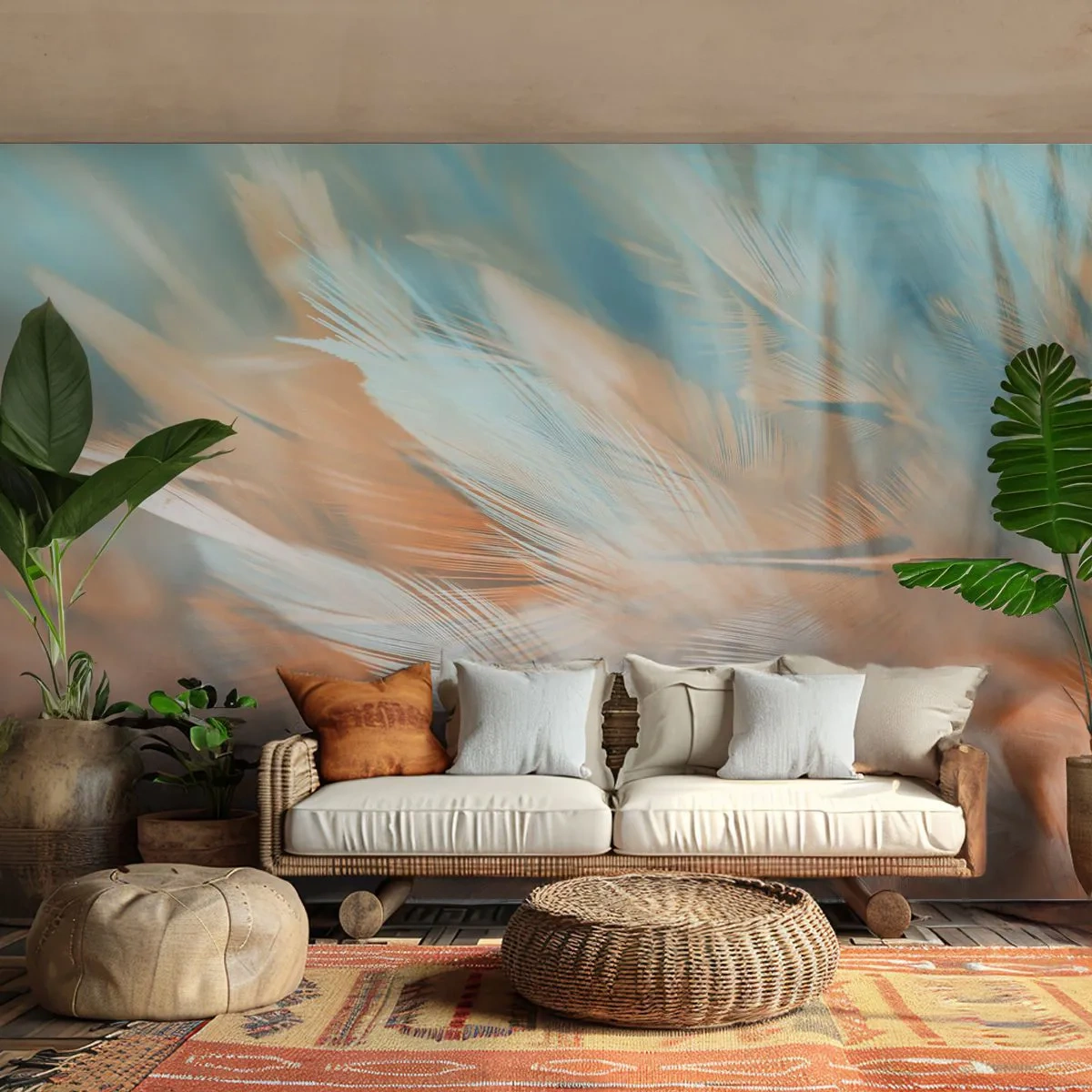 Fototapete Premium Canvas - Zarte Federn in Pastelltönen von Blau und Orange - 100x70cm - Im Land der Sanftmut - Moderne Wanddekoration für Wohnzimmer und Schlafzimmer ARTTOR